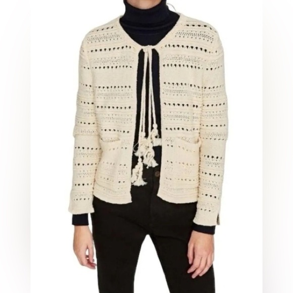 ZARA Crochet Cardigan Patch Pocket Tassel Lagenlook Sweater Size Large - Picture 2 of 14